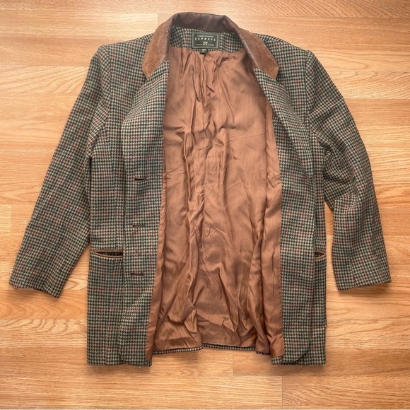 VINTAGE Y2K Express 2 Wool Leather Houndstooth Brown Red Blazer Jacket Medium - Picture 6 of 7